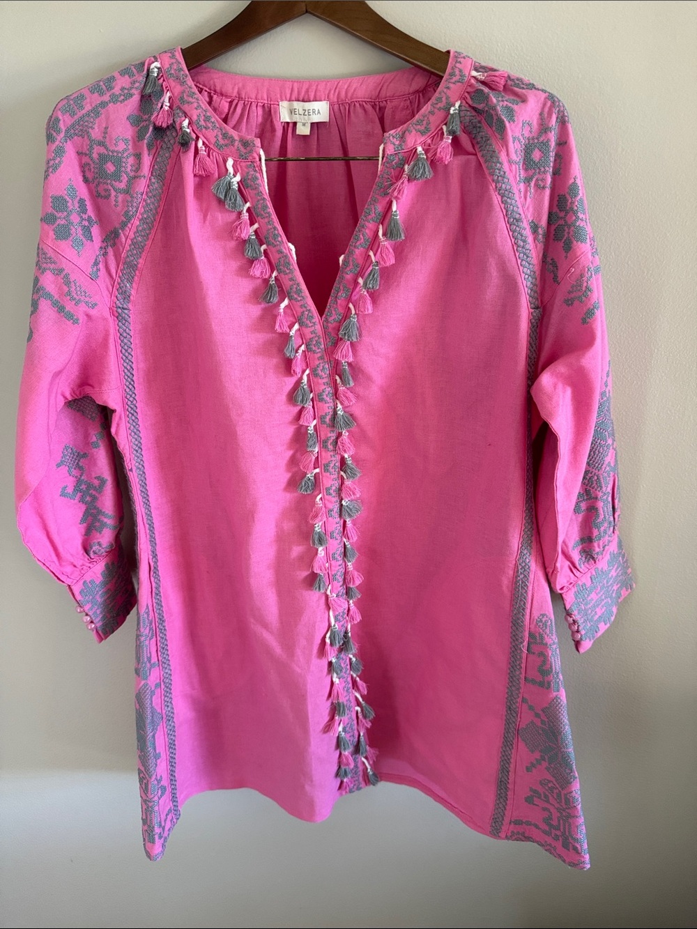 Velzera Bright Pink Tassel Embroidered Midi Dress- Medium